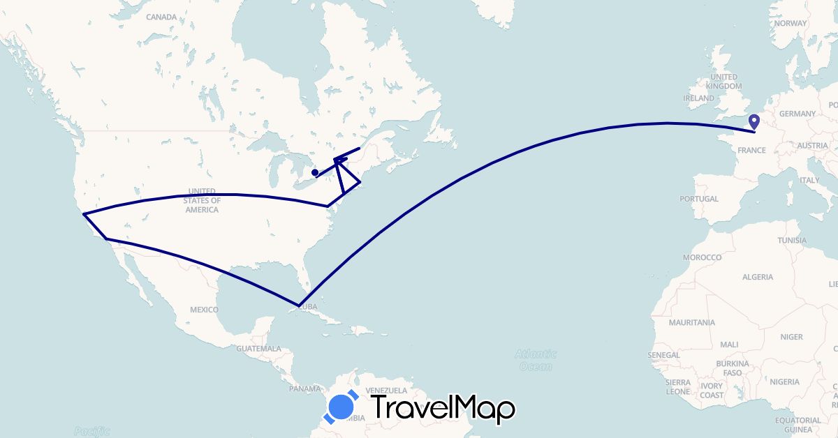 TravelMap itinerary: driving in Canada, Cuba, France, United States (Europe, North America)